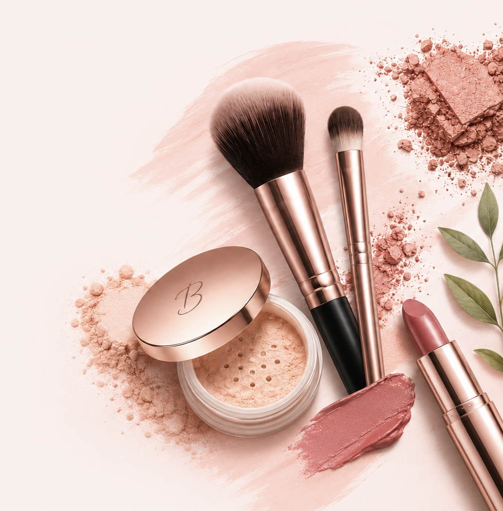 Beauty flatlay — rose-gold brushes, loose powder and lipstick
